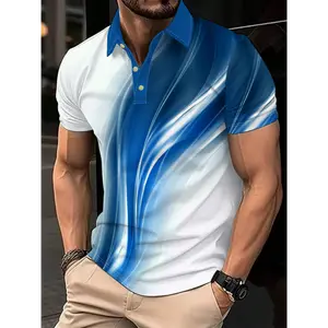 Men'S Short Sleeve POLO Shirt With Geometric Line Print, Polyester, Regular Fit - Ideal For Golf, Sports, And Casual Attire