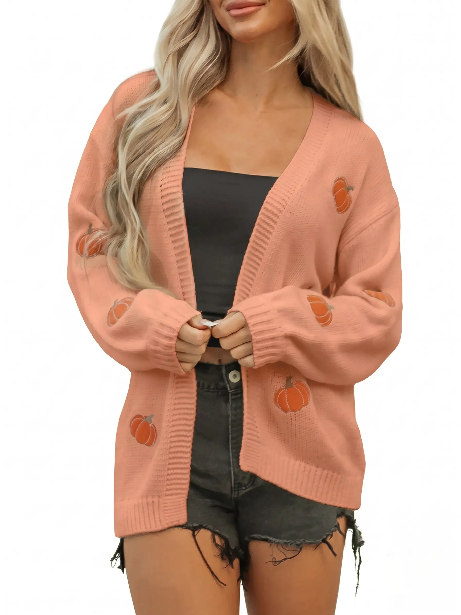 Women's Fall Cardigan Pumpkin Print Open Front Oversized Knit Sweater Halloween Thanksgiving Outerwear