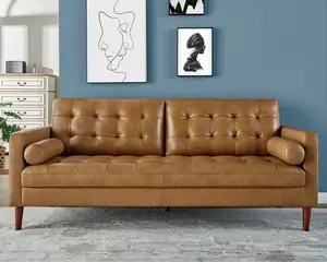 VanAcc Leather Sofa,Mid-Century Modern Genuine Leather Sofa,3 Seater Couch for Living Room-Brown Leather Sofa Couch