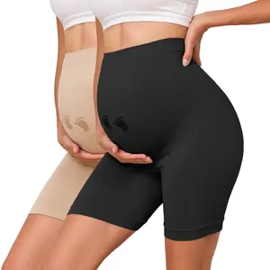 Y25D Maternity Mid-thigh Shorts with Baby Footprint High-Waist Seamless Stretchable Underwear for Mom-to-be Baby Shower Postpartum Outfits