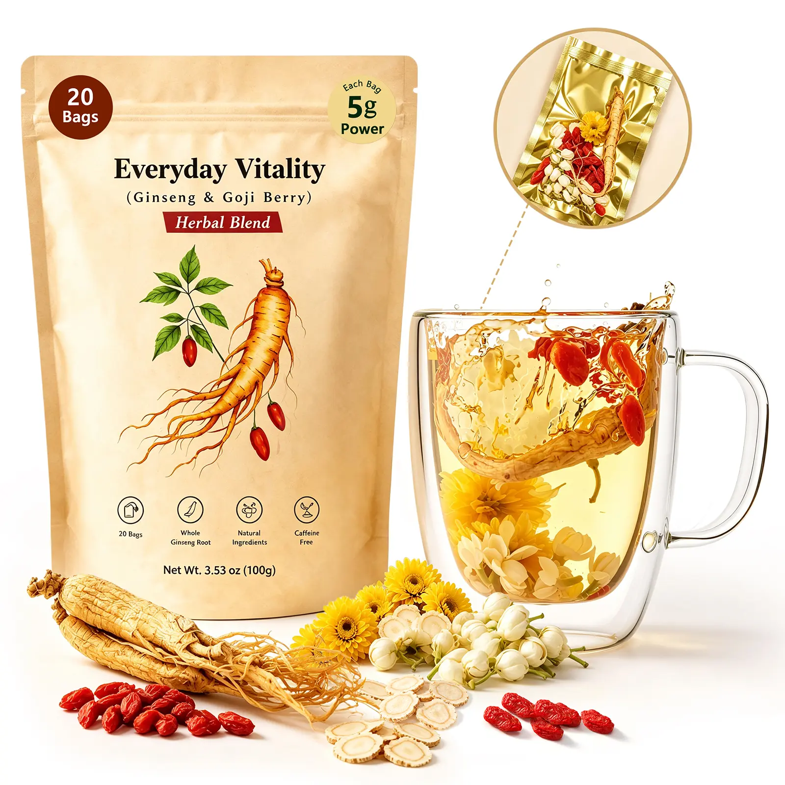 Herbal Tea Bags with Whole Ginseng Root, Ginseng & Botanical Wellness Blend with Goji Berry, Jasmine & Chrysanthemum for Daily Vitality, Caffeine-Free Morning Tea & Coffee Alternative, 20 Individually Wrapped Bags