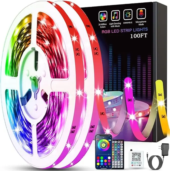 Smart LED Lights, 100ft ColorSync RGB LED Strip Lights (2 Rolls of 50ft) with Remote & App Control, Indoor Use for Bedroom Home Party Decoration [New Deal]