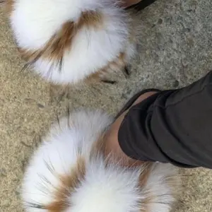 Brown & White Fur Slides for Women - Cute Open Toe Slides with Comfortable Rubber Sole, Perfect for Indoor Use, Autumn Style - Girl - Walking Shoes, Footwear