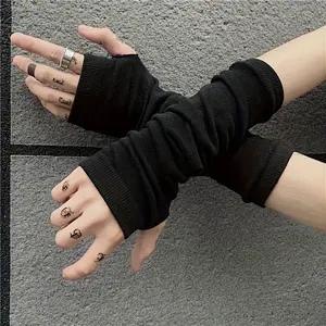 Unisex Minimalist Fingerless Gloves - Black Blend Knit, Gothic Street Style for Men & Women, Casual Hand Cover for Tattoo Protection, Street Style Accessory |   Trendy Streetwear |   Blend Gloves