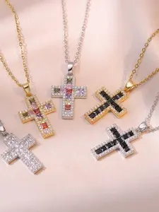 Luxury Female Black Rainbow Zirconia Stone Cross Pendant Necklace Vintage Gold Color Wedding Jewelry Jewellery Pendant For Women