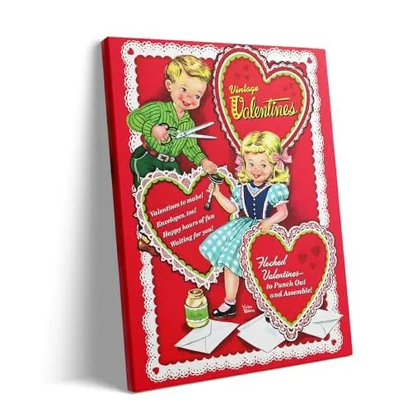 Valentine's Day Canvas Wall Art Decor - Vintage Valentine's Illustration with Cute Retro Kids, Classic Heart Motif, Romantic Canvas Wall Decor for bedrooms and living rooms 8X10 inch