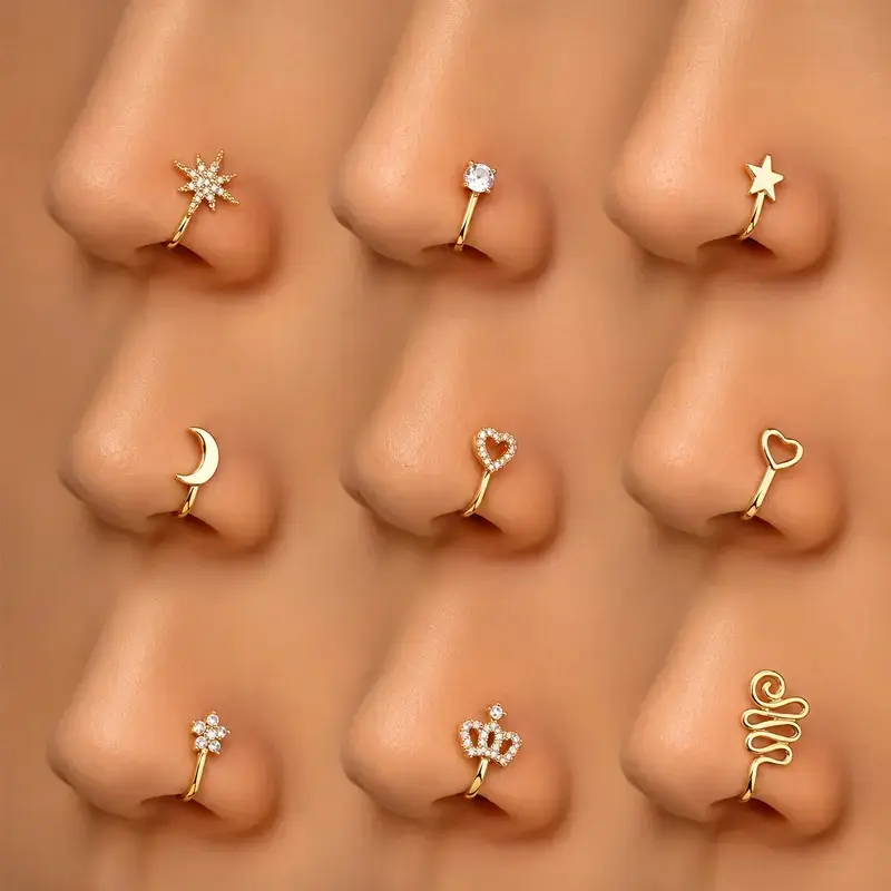 9PCS Non-Piercing Nose Ring Set, U-Shaped Star Heart and Crown Nose Clips, Punk Clip-On Nose Jewelry for Unpierced Nostrils