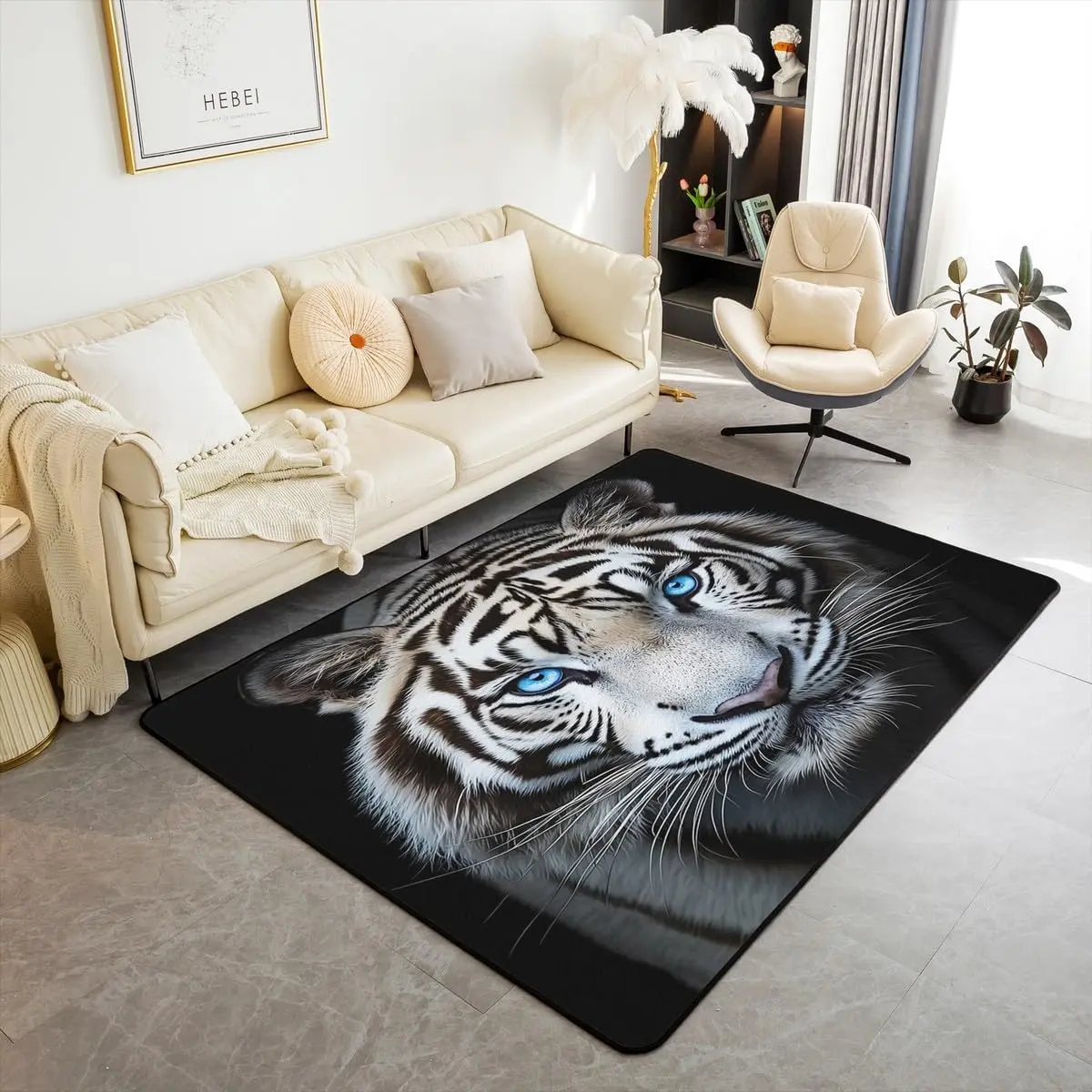 Black White Tiger Rug African Safari Animals Non Slip Washable Carpet Tiger Head Print Area Rug 3x5 Adults Big Cats Wildlife Decorative Rug