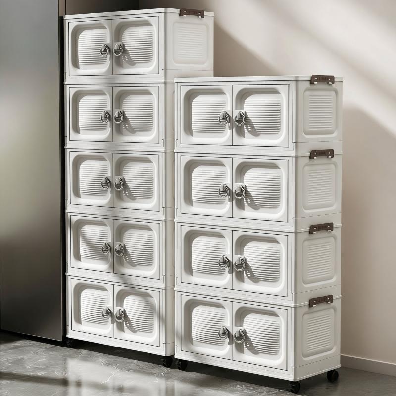 3/4/5 Tier White Foldable Storage Cabinet with Double Doors & Lockable Wheels – Stackable Modular Plastic Organizer with Ring Handles, Tool-Free Assembly Collapsible Rolling Storage Bin for Bedroom, Living Room & Home Organization, Space-Saving Design