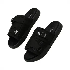 Unisex Black Mesh Breathable Slide Sandals, Skull Embroidery Adjustable Buckle Non Slip Thick Sole Casual Slippers, Summer Streetwear Dark Style Flat Shoes for Men Women Daily Wear