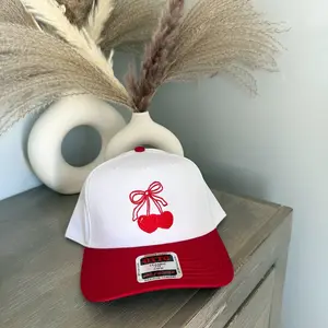 Coquette Bow Cherry Trucker Hat for Valentine's Day, Heart Cherries Hat Trendy Gift for Her, Custom Hats for Galentine's party, vintage hat