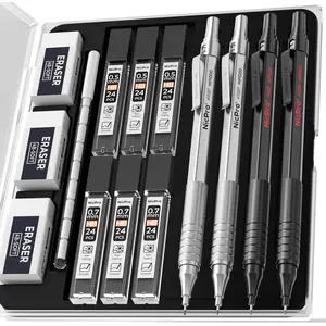 Nicpro Mechanical Pencils Set - 0.5mm & 0.7mm Compact Full-Metal Body Dual Tip MP1000 Artist Pencils, Case, HB Lead Refills, Eraser, Eraser Refills, Office Stationery for Art, Writing (Black & Silver), Dual Tip Pencils