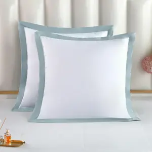 100% Luxury Long-Staple Cotton Euro Sham 26"x26", Set of 2, With Envelope Closure on the Back, White + Misty Blue