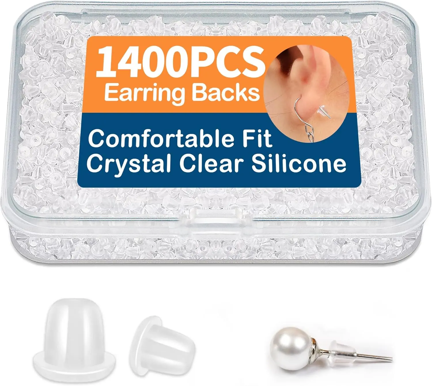 1400PCS Hypoallergenic Clear Silicone Earring Backs, Soft Invisible Secure Rubber Stoppers, Daily Replacement Backings That Fit Most Earrings (Studs, Hoops & Hooks) with Storage Box