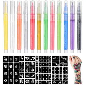 Temporary Skin Tattoo Marker Kit - 12 Pcs Washable Body Tattoo Pens, 104 Unique Stencils for Teens | Beauty & Personal Care Body Makeup