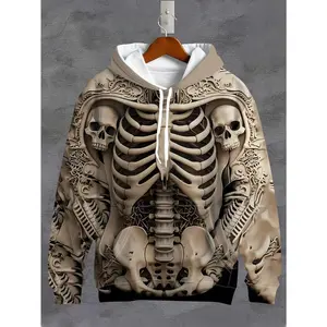 Men’s 3D Skeleton Print Long Sleeve Hoodie with Drawstring Pocket, Casual Polyester Knit Fabric Hooded Jacket, Regular Fit Fall/Winter Top, 210 gsm Slight Stretch