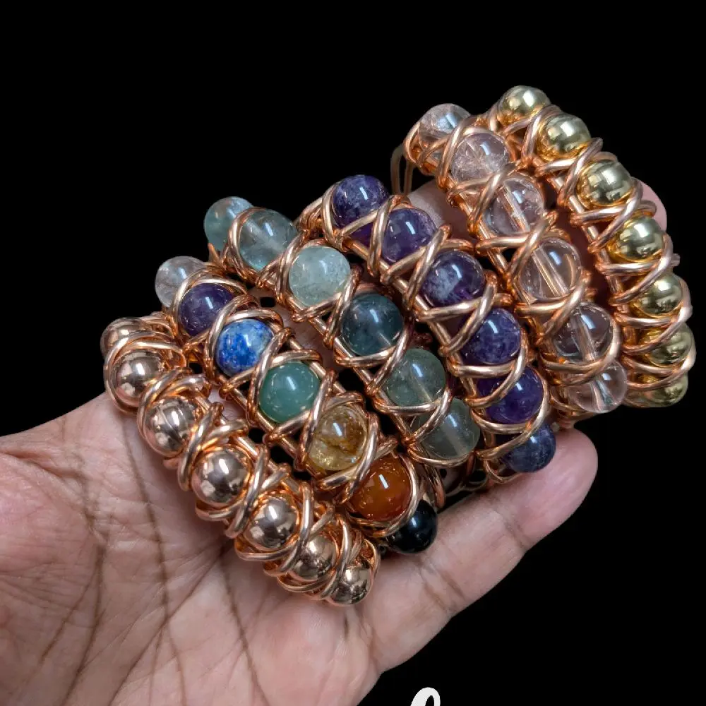 Adjustable Copper Beaded Gemstone Bangle