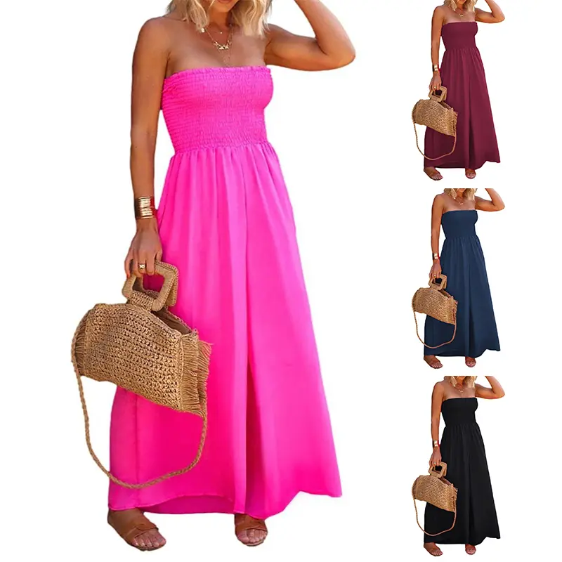 Womens Sleeveless Strapless Wide Leg Jumpsuits Summer Casual Loose Smocked Chiffon Jumpsuit Rompers with Pockets