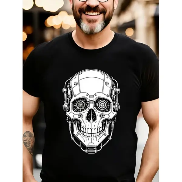 Cyberpunk Mechanical Skull Graphic Tee, Steampunk Robot Skeleton Line Art Print, Dark Punk Gothic Top, 100% Cotton Crewneck T‑Shirt