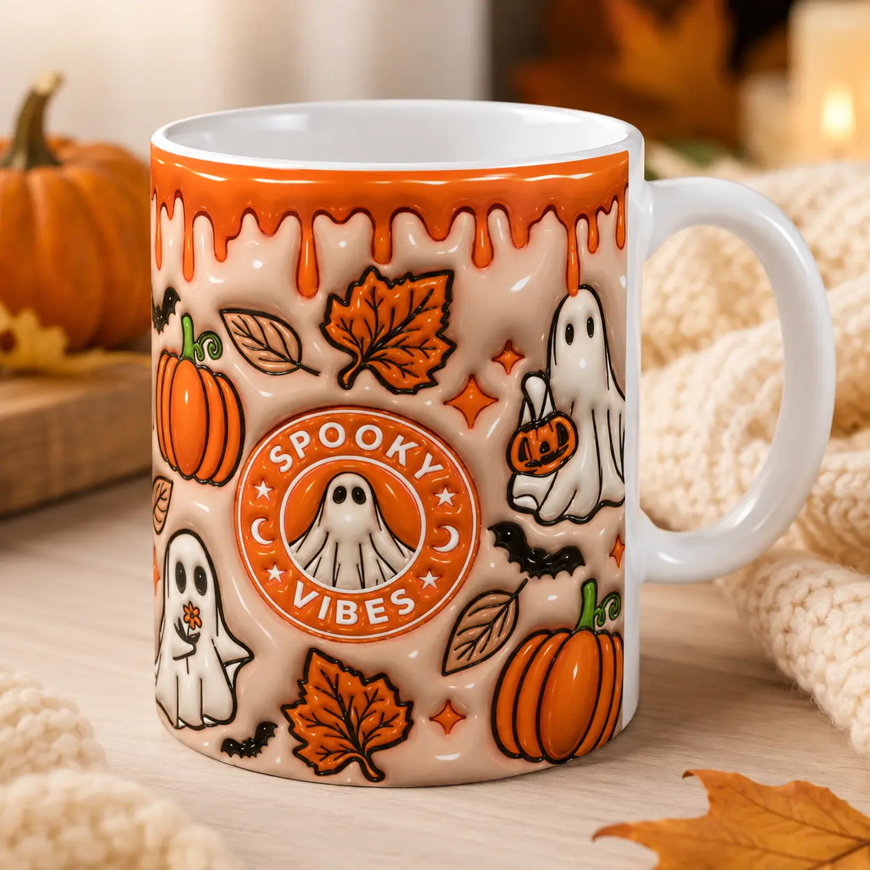 Spooky Vibes Ghost Pumpkin Mug, Orange Drip Halloween Ceramic Coffee Cup, Cute Bat and Autumn Leaf Design, Cozy Fall Drinkware Gift for Her