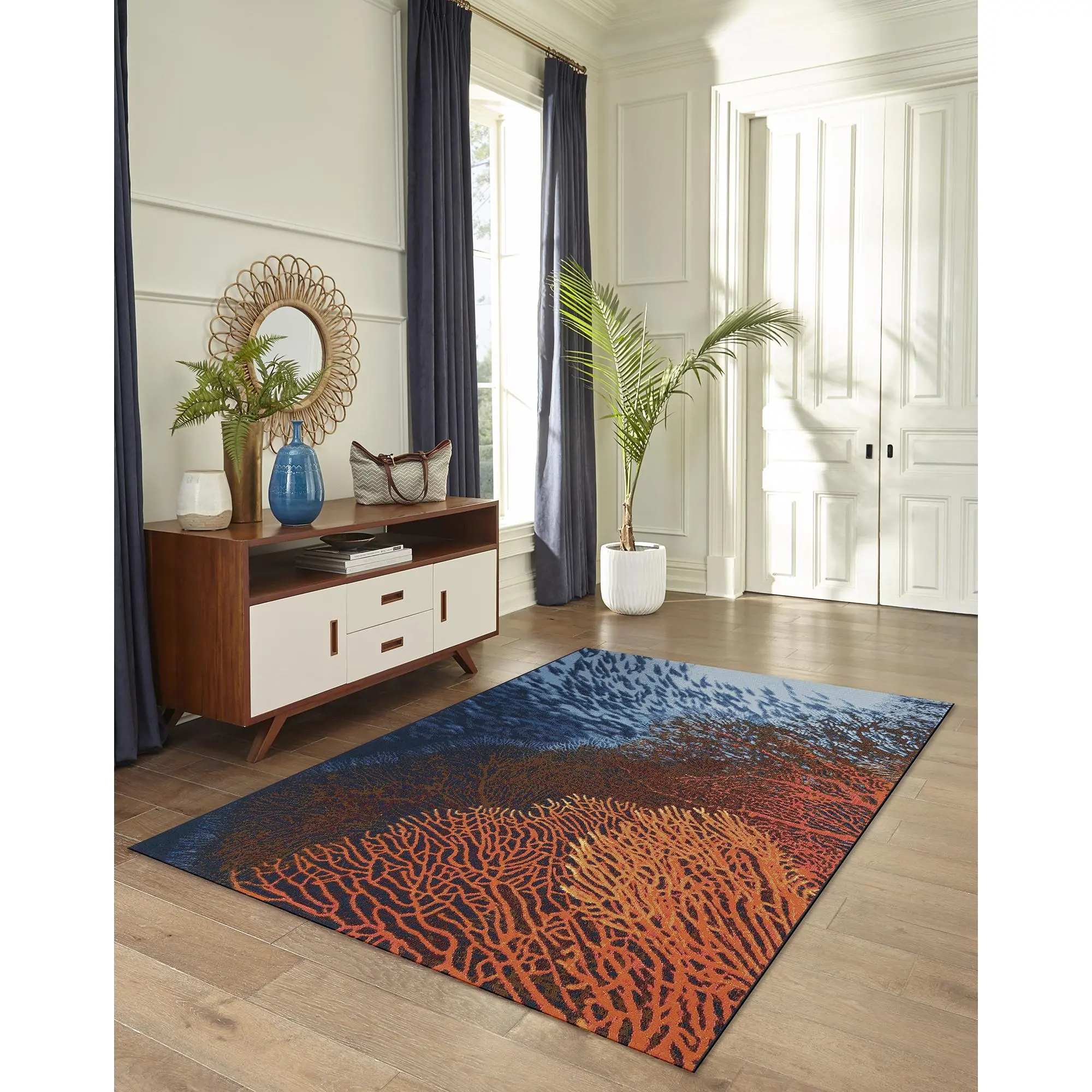 Lush Decor MARINA Indoor-Outdoor Power Loomed Synthetic Blend Low Profile Area Rug - Contemporary Graphic Coastal Fade Resistant Beach Art Rug for Multiple Rooms, Aquarium View (Coral)