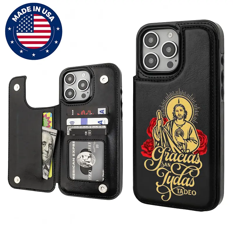 Saint Jude Design Customized Protective Mobile Phone Casing, Gracias San Judas Tadeo Tribute Aesthetic Cover for iPhone 16/15/14/13/12 Plus/Pro Max, TPU-PU Leather with Card Holder, Drop Protection, Shockproof, Anti-Scratch Vintage Fashion Tech Accessory,