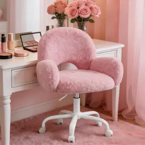 Raybee Vanity Chair with Round Hollow Back, Pink Desk Chair with Arms & Wheels, Cute Office Chair for Make-up Room, Bedroom, Home Office, Salon, Height Adjustable, Faux Rabbit Fur,Gift