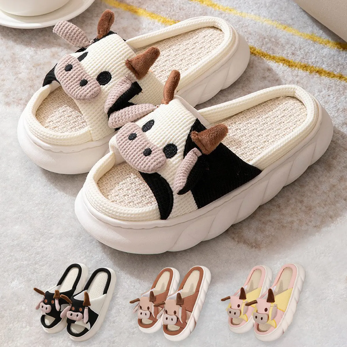 Women's & Men's Cute Milk Cow Animal Design Fashion Indoor Slippers, Open-Toe Non-Slip Slides, All-Season House Shoes for Holiday Gifting, Animal Design Women's Fashion Slippers