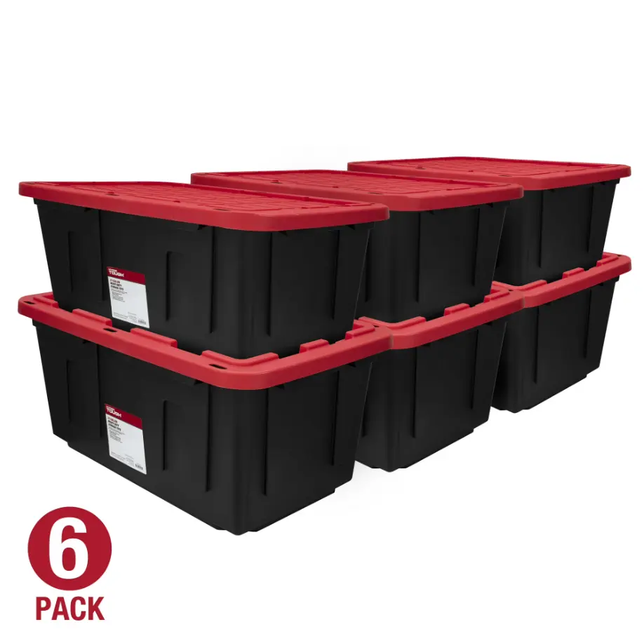 (6 pack) Hyper Tough 27 Gallon Large Storage Bin with Snap Lid, Black and Red, Heavy Duty Plastic Storage Container