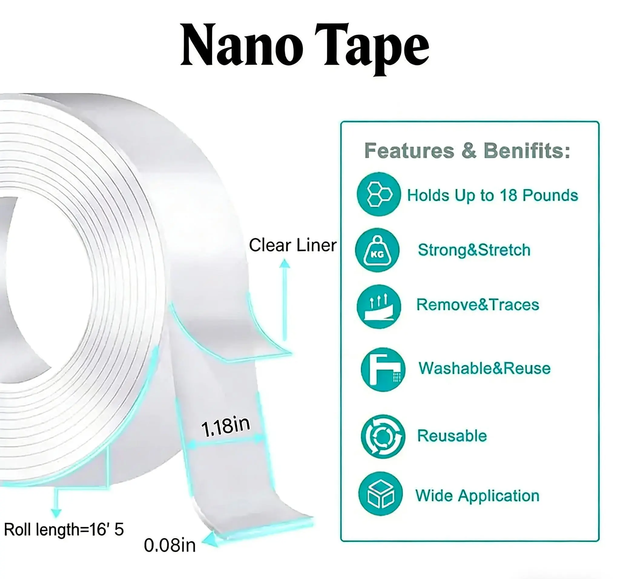 Nano Tape Double Sided Heavy Duty Removable Washable No Residue | Clear Adhesive Tape Multipurpose Mounting Tape for Wall, Carpet, Pictures, Home Decor, Office & DIY