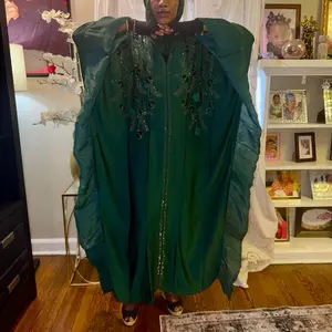 Elegant Teal Kaftan with Beaded Embellishments and Puff Sleeves for Special Occasions