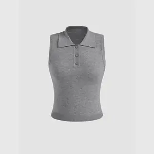 Cider [size 2-10] Knit Polo Solid Button Crop Tank Top
