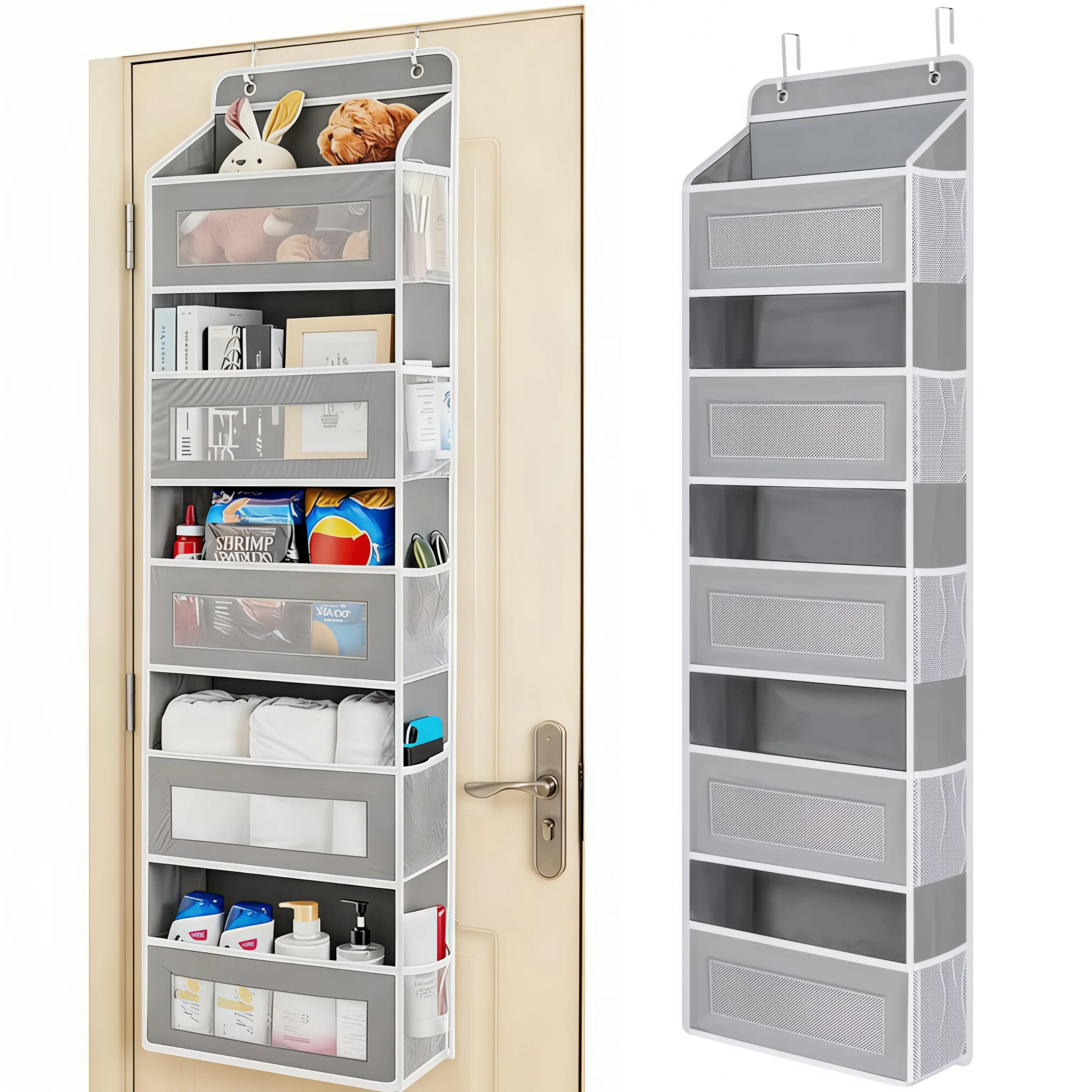 LMMAKE 1PC Over-the-Door Storage Organizer, 5 Front Pockets & 5 Mesh Side Pockets, Extra Large Hanging Caddy for Bedroom, Bathroom & Pantry, Grey