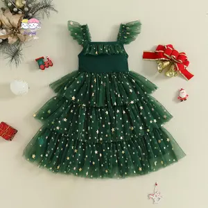 Little Girl Tulle Christmas Dress Star Ball Square Neck Flying Sleeve A-line Layered Princess Dress Cute Holiday Clothes