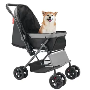 4-Wheel Dog Stroller Foldable Reversible Handle Pet Stroller with Storage Basket Breathable Mesh Up to 44lbs Easy Fold for Travel & Outdoor Use 600D Oxford Fabric Secure & Comfortable