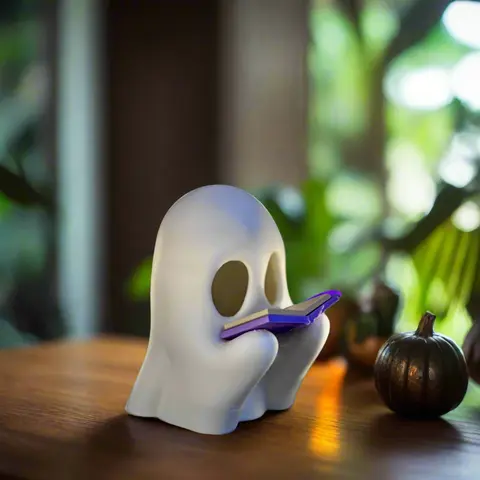 VECTORDESIGNSARIZONA Smooth 3D Printed Reading Ghost Figurine - Lightweight Decorative Ornament with Glow-in-the-Dark LED Light Book, Gothic Desk Accessory, Halloween Home Decor Gift for Book Lovers