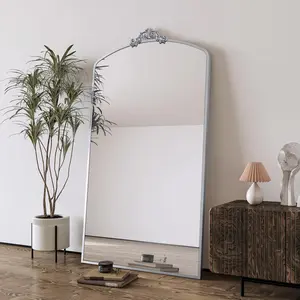 Full Length Mirror 36x66 Inch Vintage Ornate Arched Floor Mirror Metal Framed Mirror Dressing Mirror Oversized Wall Mirror, for Entryway, Living Room, Bedroom, Clothing Shop, Antique Silver