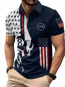 Men's Patriotic American Flag Print Zipper Polo Shirt, Breathable Comfortable V Neck Short Sleeve, Summer Wear, Star Spangled Design