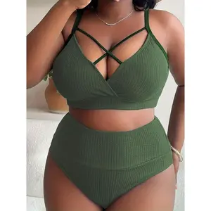 Plus Size Two-Piece Set Criss Cross Crop Cami Top & High Waist Panty Ribbed Tankini Set, Casual Adjustable Strap Swim Top & Swim Bottom, Women's Summer Swimsuit, Tankini Bottoms Set