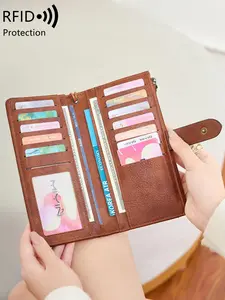 Women's vintage solid color large-capacity wallet, Trifold Wallet, Ladies Wallet, RFID anti-theft, high-end leather wallet, multiple card slots, stylish cow print handbag with wrist strap, multifunctional zipper phone bag, suitable for daily use