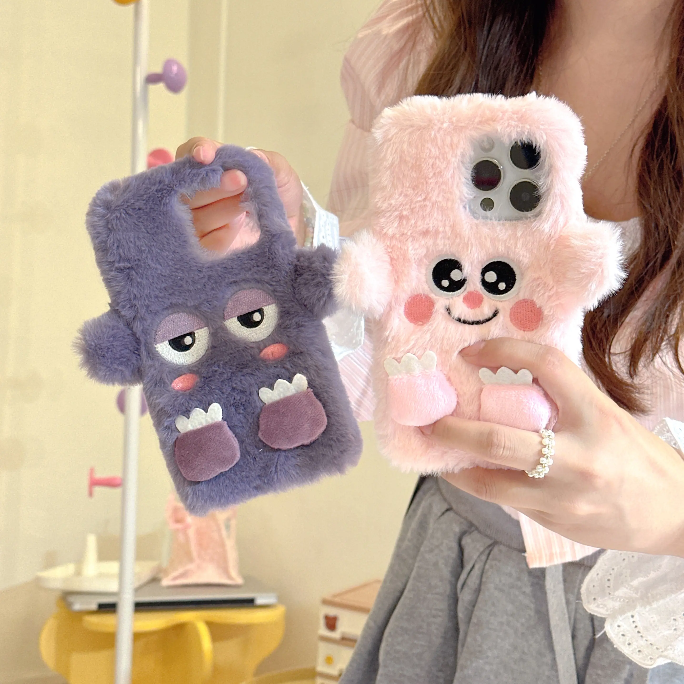Fluffy Fabric Cute Cartoon Compact iPhone Case - Lightweight, Precise Handheld Full Body Fit, Warm Winter Soft Bumper, Shockproof Protection, Included Screen Protector, for iPhone 17,16,15 Plus,15 Pro,14,13,12,11 Pro Max, Pink Mobile Tech Accessories, Cut