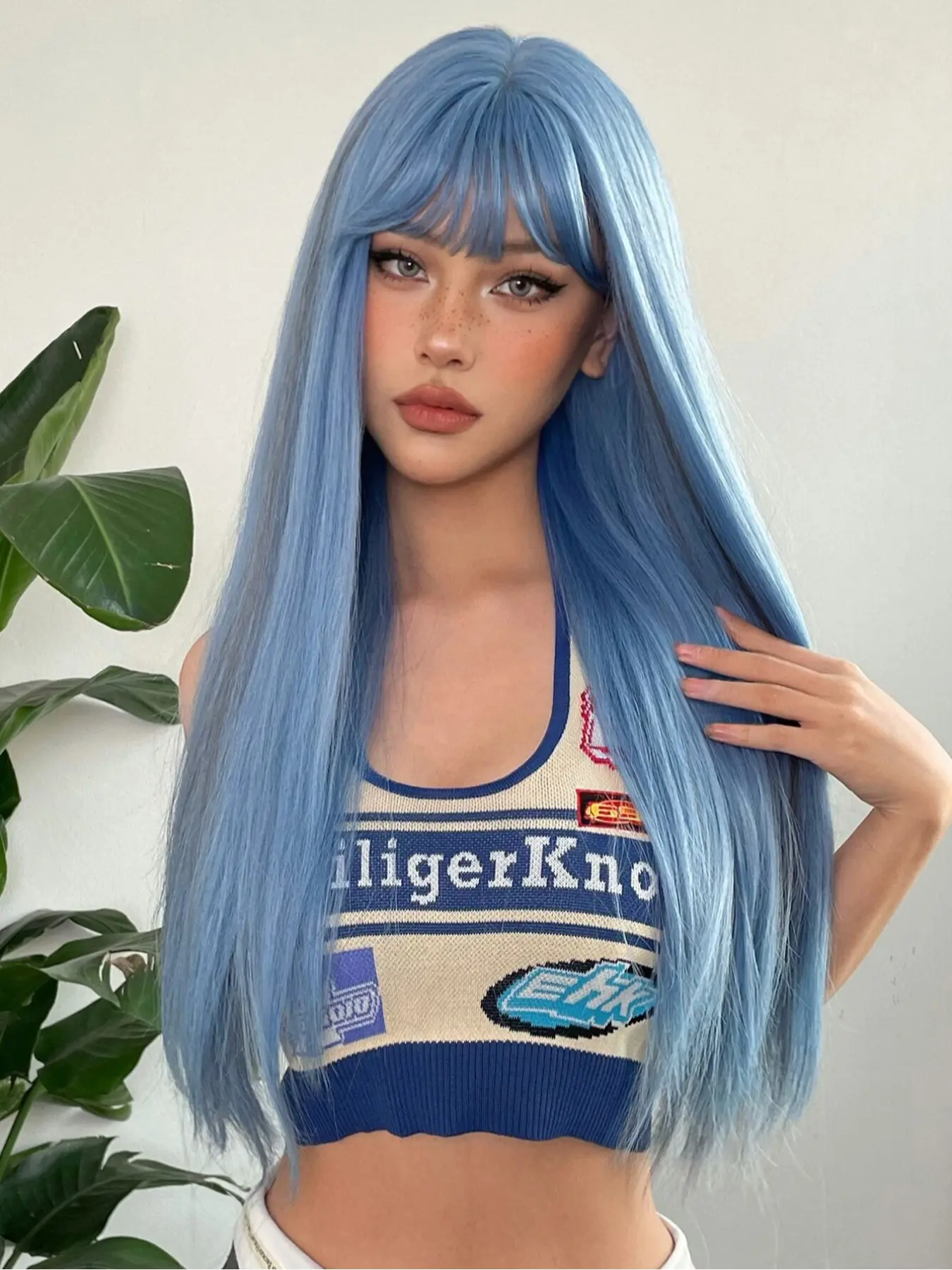 26 Inch Blue Highlights Straight Bangs with bangs Wig for Women, Fun Wigs, Long Straight Synthetic Material Wigs Hairpiece for Daily Wear, Natural Look, Easy Maintenance, Synthetic Fiber Wigs