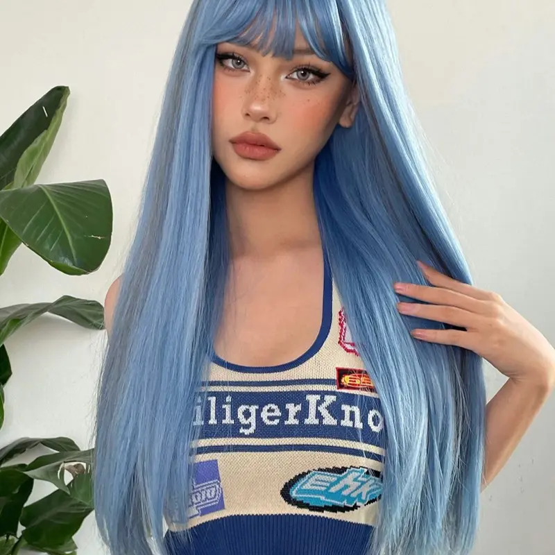 26 Inch Blue Highlights Straight Bangs with bangs Wig for Women, Fun Wigs, Long Straight Synthetic Material Wigs Hairpiece for Daily Wear, Natural Look, Easy Maintenance, Synthetic Fiber Wigs, Artificial Wig