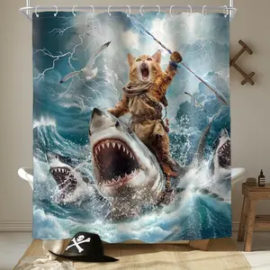 Epic Cat Riding Shark in Stormy Sea Shower Curtain - Humorous Cat Harpoon Ocean Battle Print, Waterproof Fabric Bath Curtain with 12 Hooks | Novelty Bathroom Decor #showercurtain #catmeme #sharkdecor #oceanbattle #funnybathroom