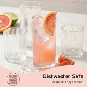 Physkoa Premium Drinking Glasses Set of 8 - Lead-Free Sturdy Vertical Stripes Tumblers with Reinforced Base, 4 Tall 15oz & 4 Short 10oz, Dishwasher Safe, for Juice Mixers, Great Housewarming Gift, Set A