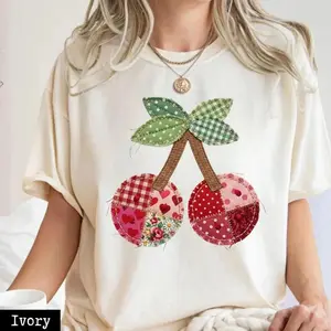 (Printe) Comfort Colors Cherry Printed T-Shirt, Patchwork Quilted Farmhouse Cherry Tee, Rustic Gingham Floral Cottagecore Aesthetic, Vintage Print Shirt, Mama Gift - TrendWear USA