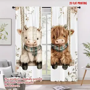 Cartoon Cow Print Curtains, Window Curtain, Easy Install Curtain, 2 Piece Modern Rod Pocket Design, Durable Polyester Fabric, Ideal for Kids Room Living Room Bedroom Home Decor