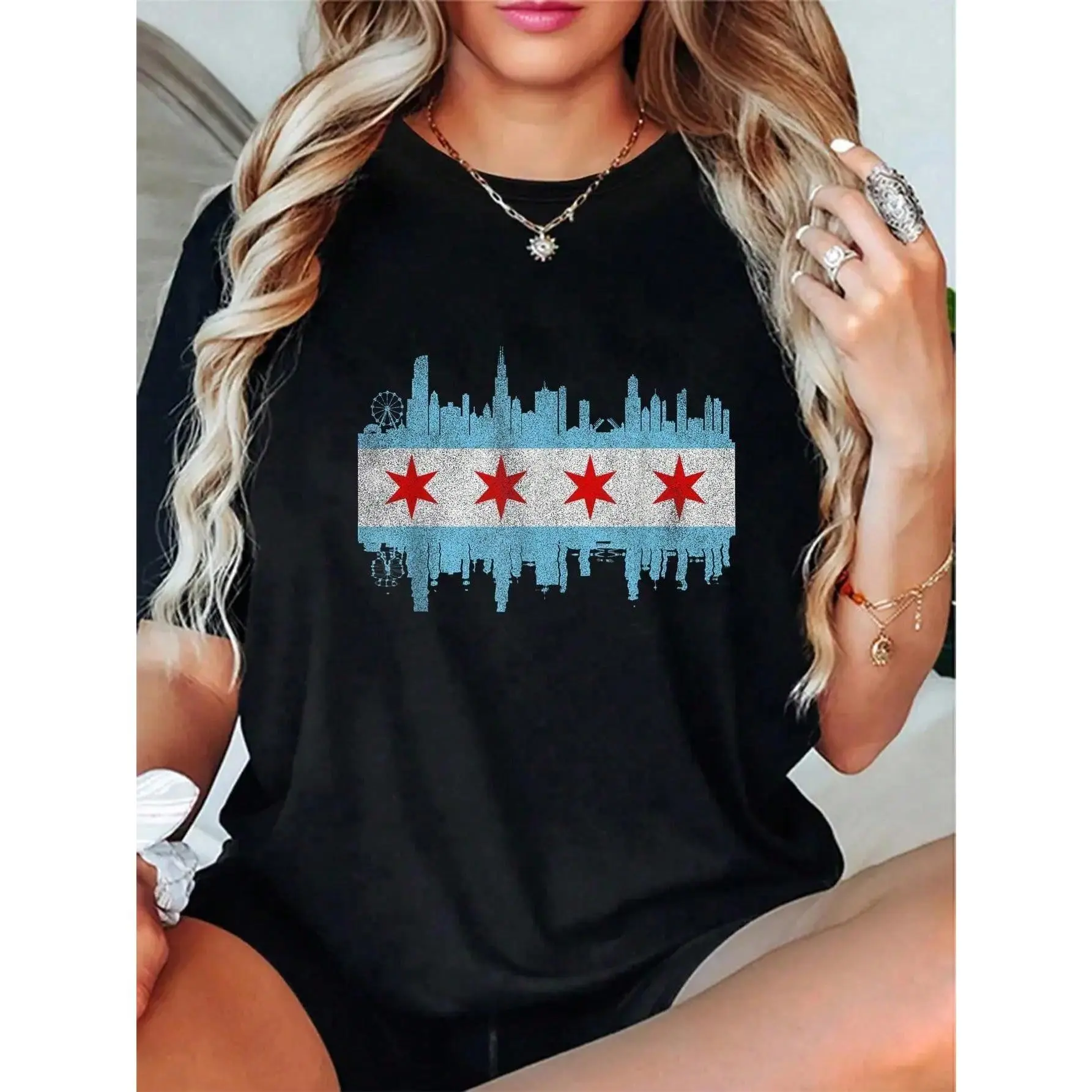 100% Cotton Casual Tshirt Chicago City Skyline Flag - Vintage Chicago City DISTRESSED T-Shirt graphic tees men crop tops summer outfits for men summer tops T-Shirt