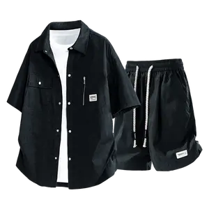 Men’s summer loose short-sleeve shirt and shorts set: relaxed casual workwear collared top + drawstring mid-length shorts, suitable for everyday outings, casual vacations, and trendy summer outfits.