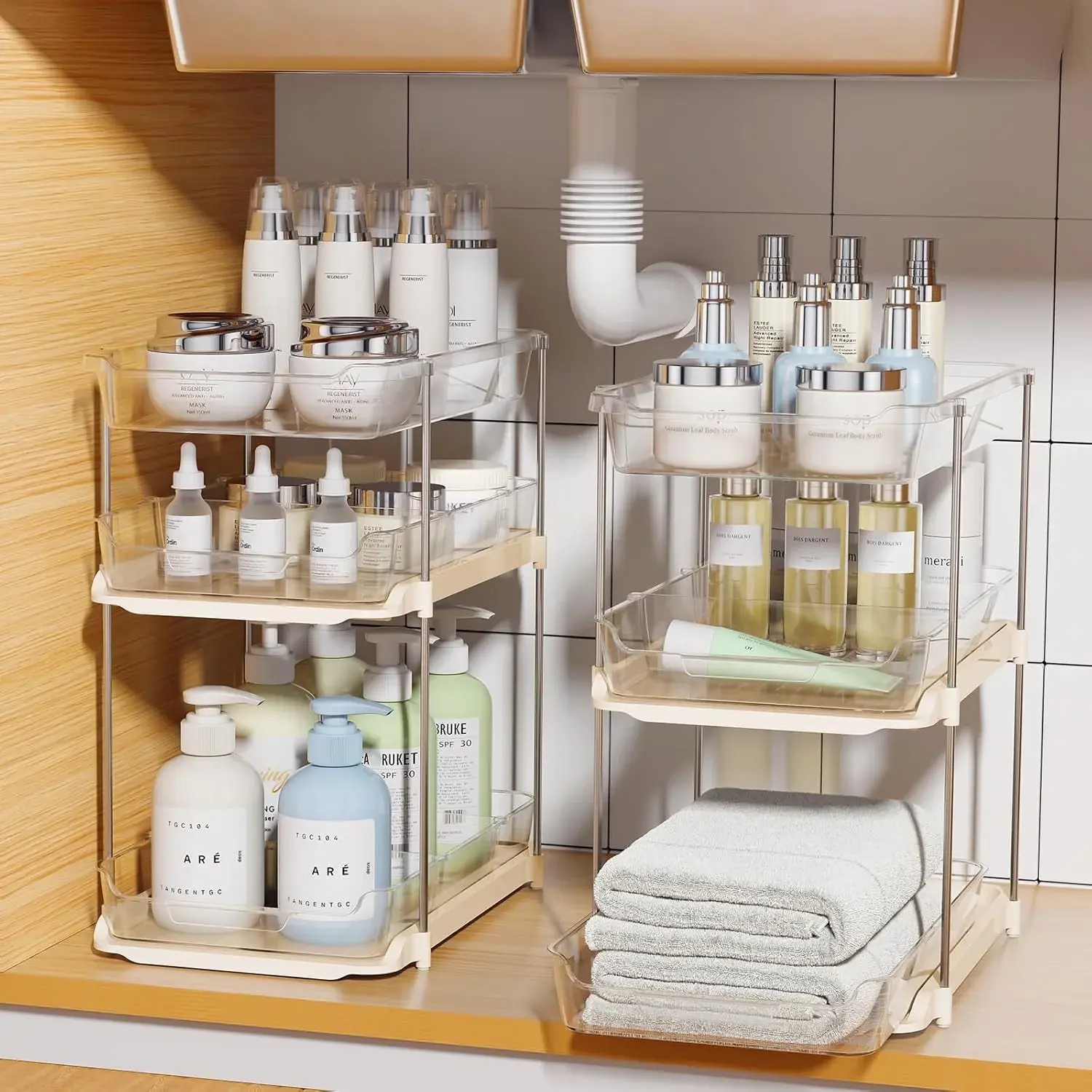 3 Tier Pull-Out under Sink Organizer Storage, Delamu Bathroom Stackable Pantry Counter Sliding Cabinet Organization and Storage, 2 Sets, Beige